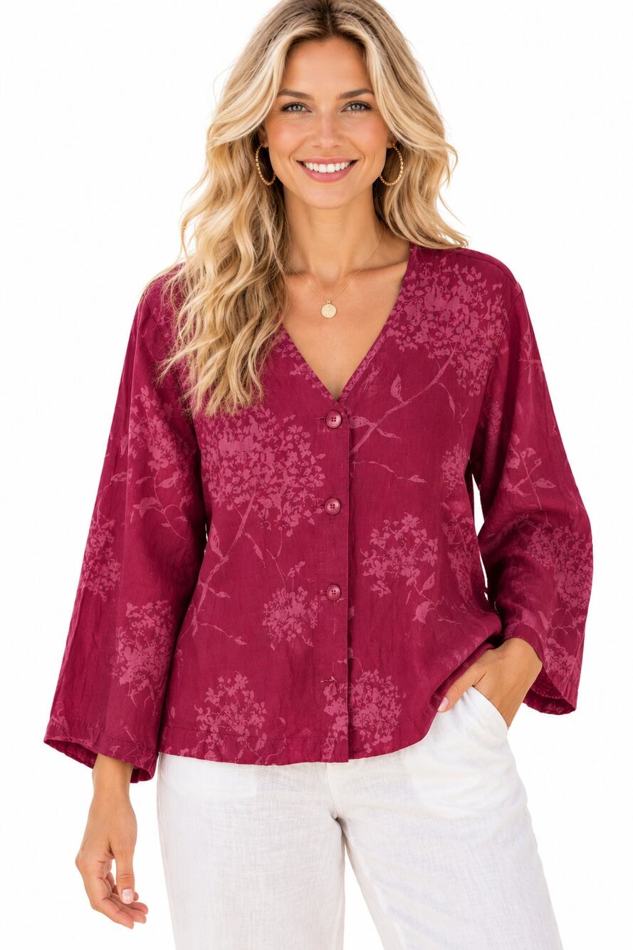 Sigrid Olsen Sport Floral Linen Blend Top Womens XL Berry Pink Hydrangea Tonal